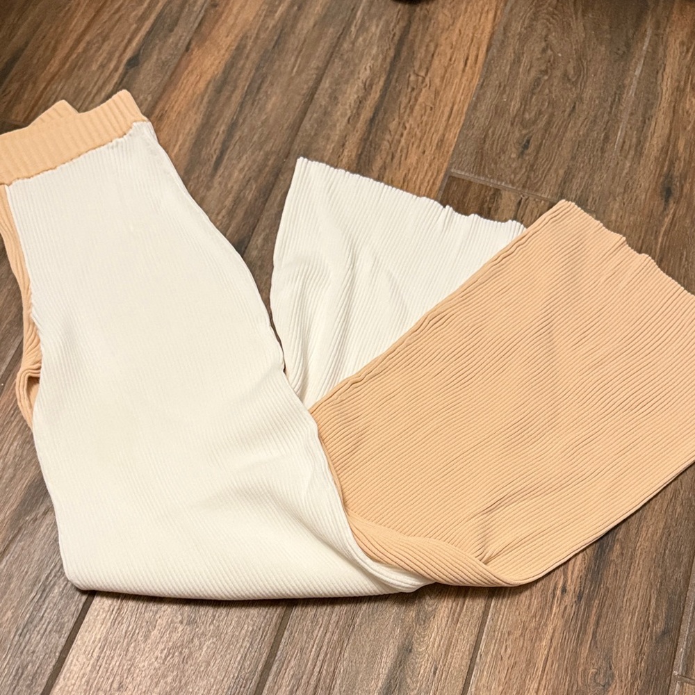 Ronny Kobo Collection Cream and Tan Two Tone Wide Leg Pants